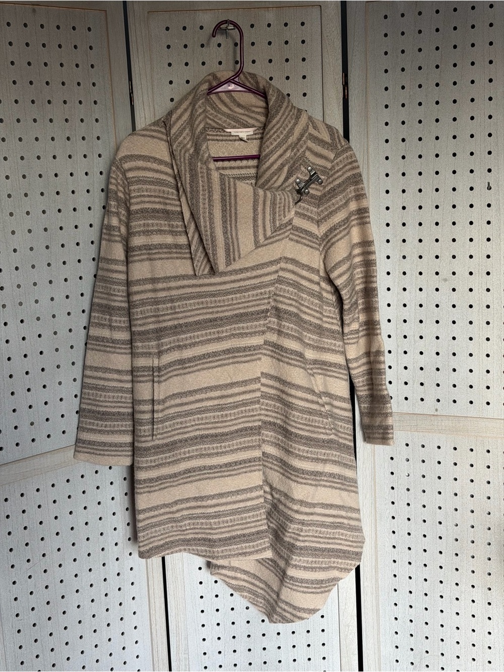 Garnet Hill Striped Shawl-Collar Sweater Coat in Cream and Gray